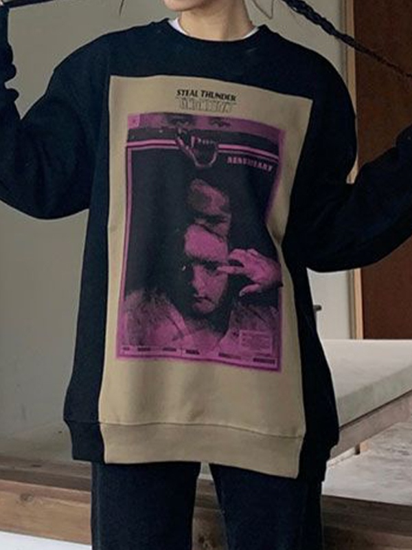 Vintage Portrait Print Splice Crew Neck Sweatshirt