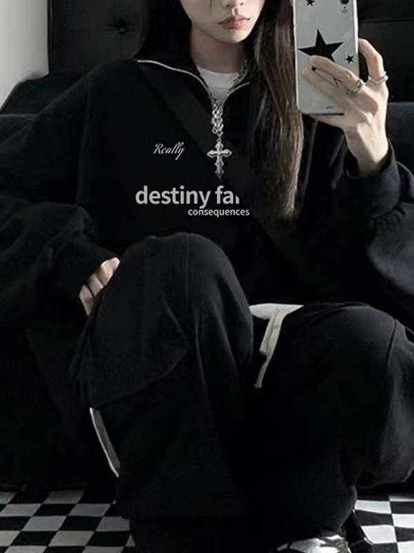 Vintage Letter Print Half Zip Lapel Neck Sweatshirt