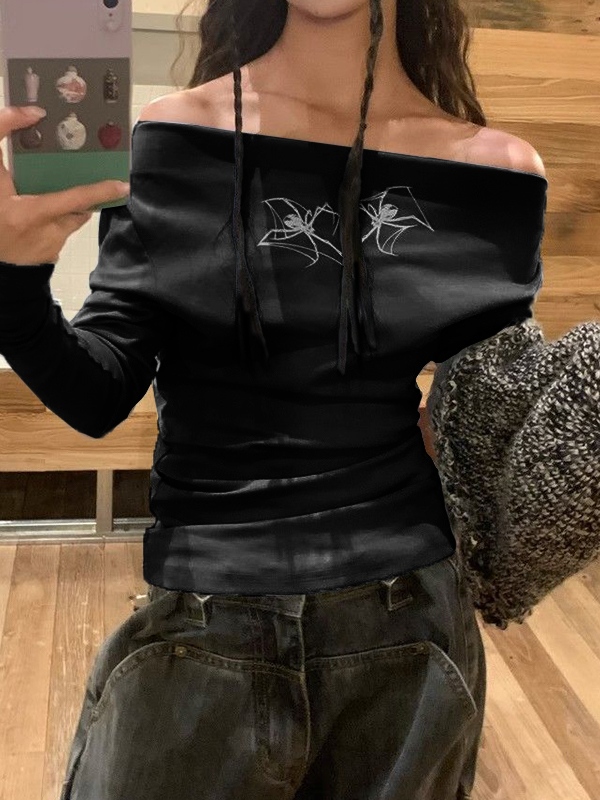 Spider Print Off Shoulder Long Sleeve Tee