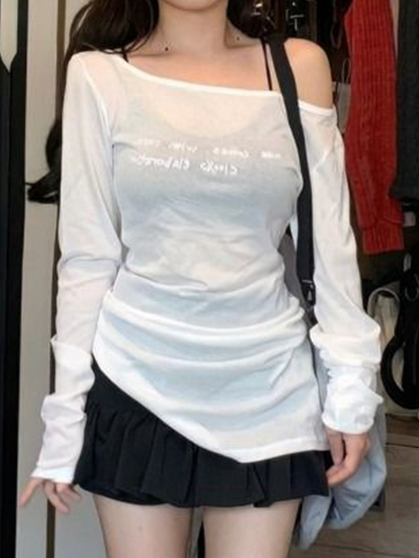 Letter Print One Shoulder Thin Long Sleeve Tee