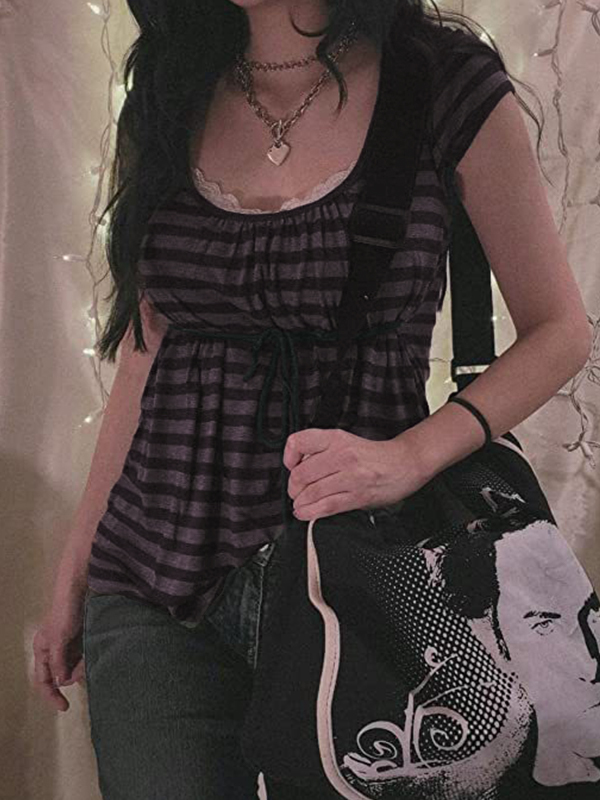 Striped U Neck Drawstring Short Sleeve Tee