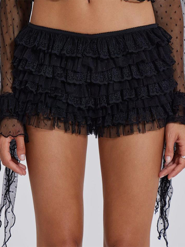Low Rise Lace Frill Trim Tiered Shorts
