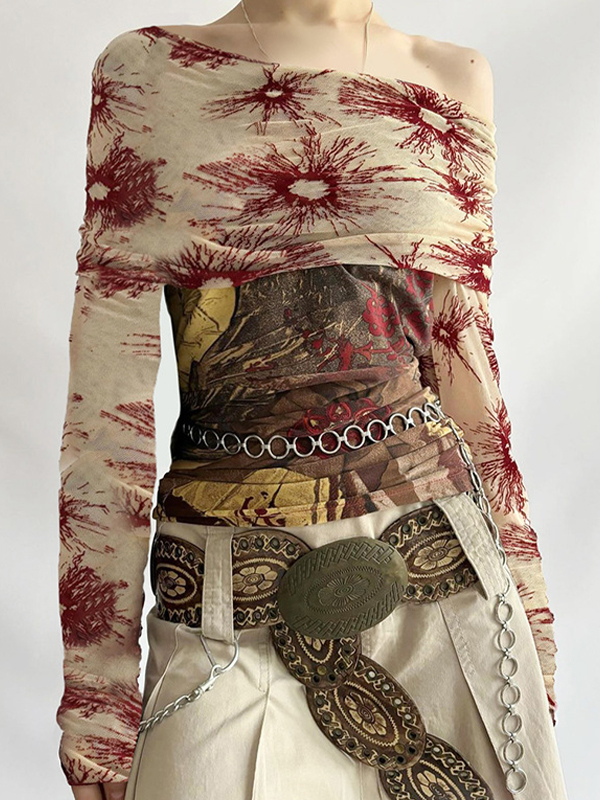 One Shoulder Mesh Splicing Long Sleeve Tee