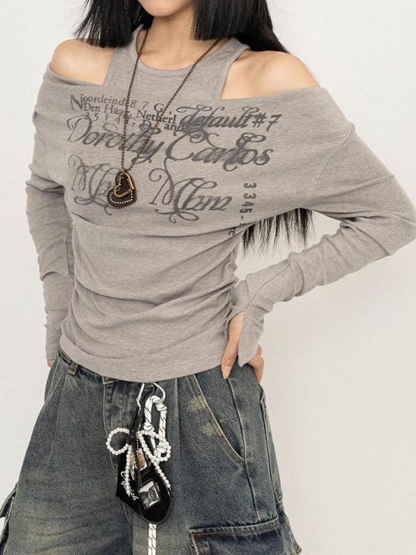 One Shoulder Fake Two Piece Print Long Sleeve Tee