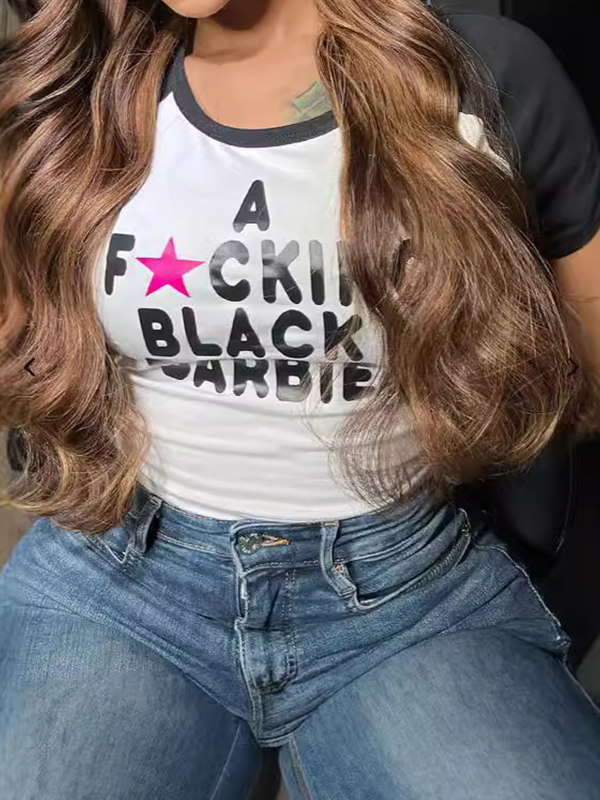 Colour Block Letter Print Short Sleeve Tee