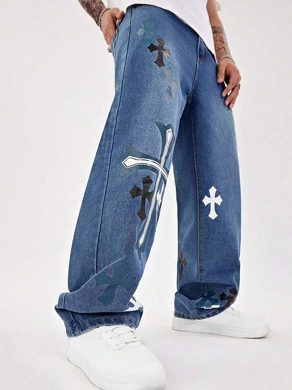 Men’s Clashing Cross Print Loose Jeans