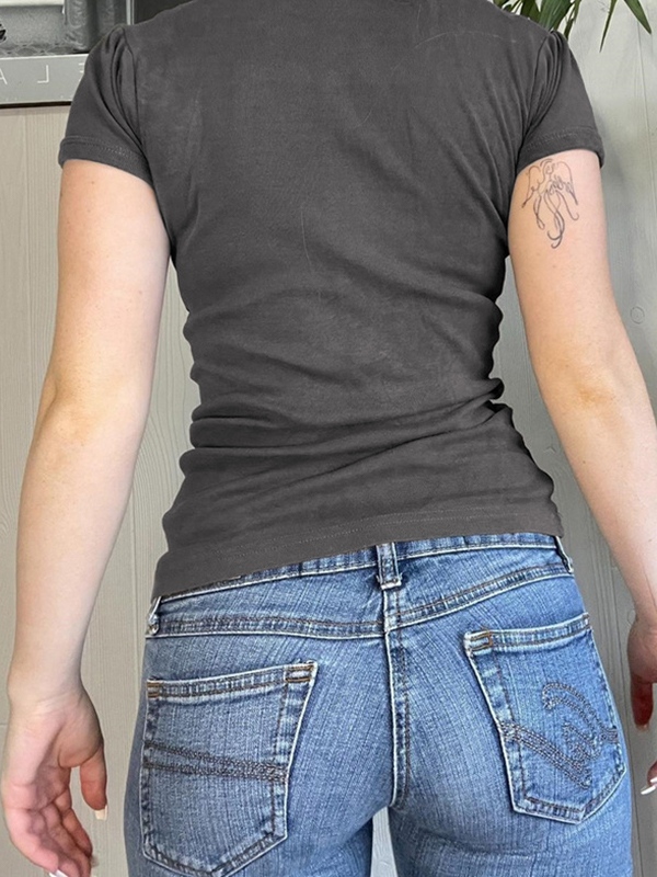 Short Sleeve Button Up Ribbed Spider Print Top