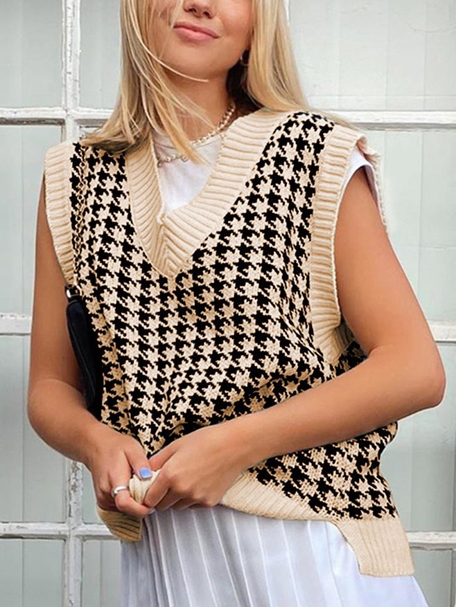 V Neck Houndstooth Sweater Vest