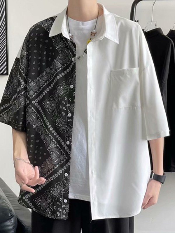 Men’s Patchwork Paisley Print Pocket Shirt