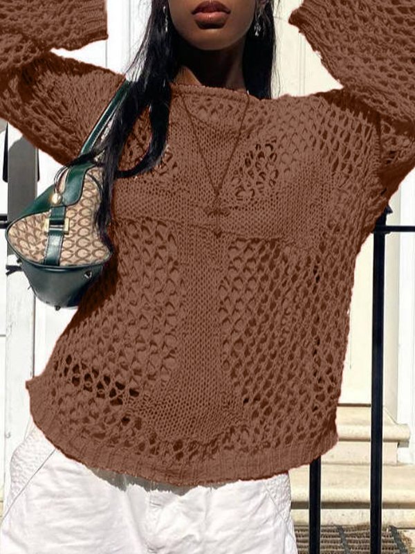 Cross Pattern Crochet Hollow Long Sleeve Knit Top