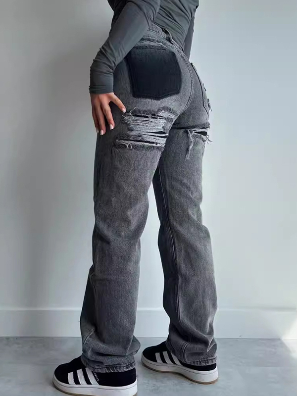 Distressed Print Straight Jeans