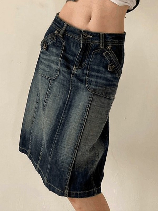 Distressed Washed Slim Straight A Line Denim skirt