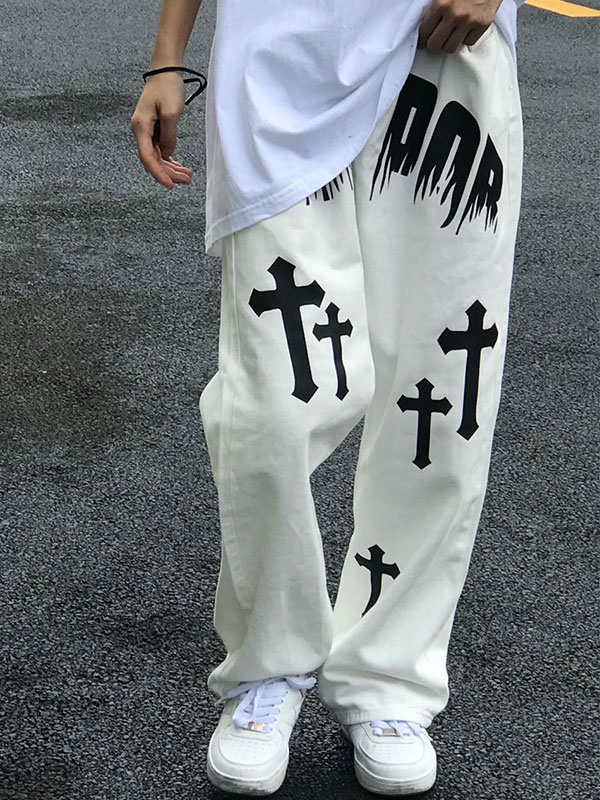 Men’s White Wash Cross Pattern Straight Leg Jeans