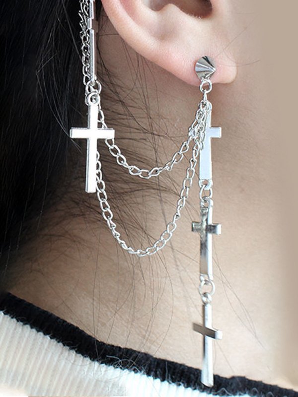 Chain Embellished Cross Drop Earring