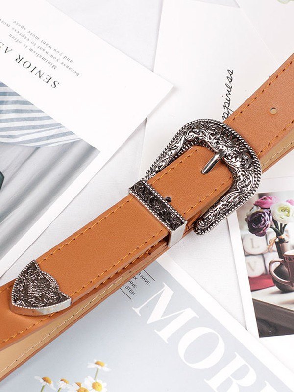 Engraved Metal Embellished Buckle Belt