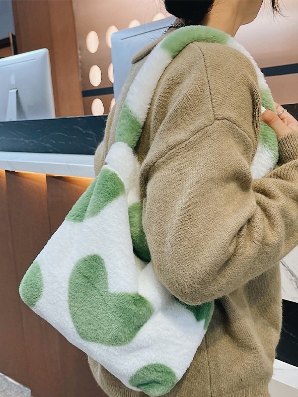 Heart Pattern Fuzzy Shoulder Bag