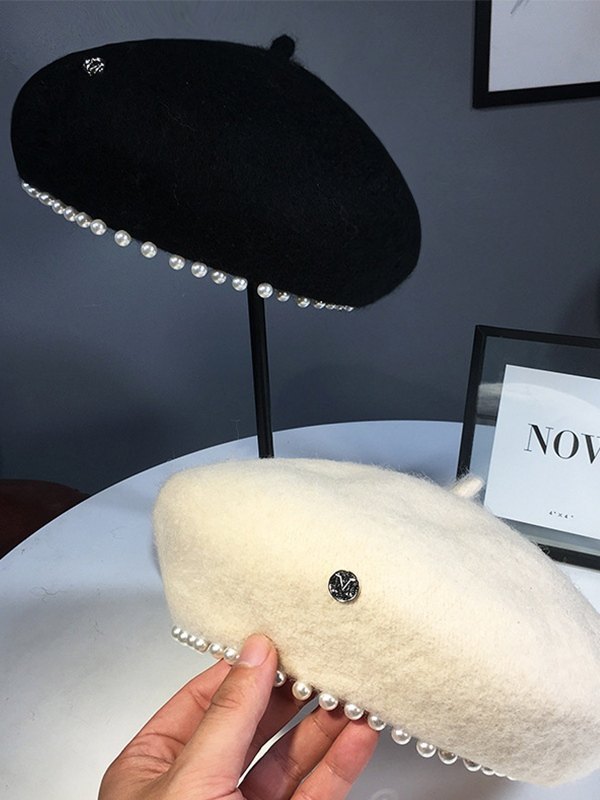 Faux Pearl Embellished Wool Blend Beret Hat