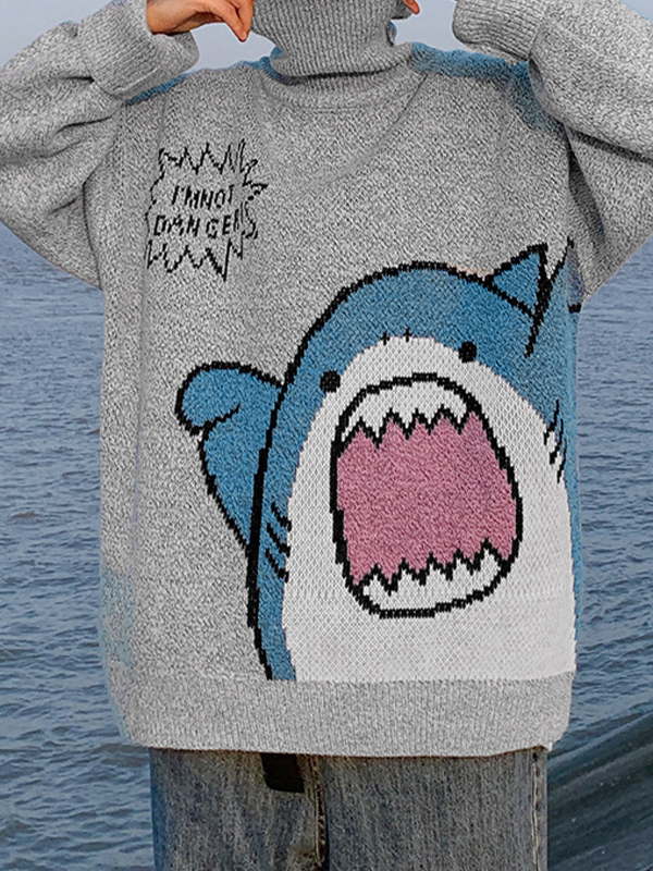 Men’s Cartoon Shark Turtleneck Pullover Sweater