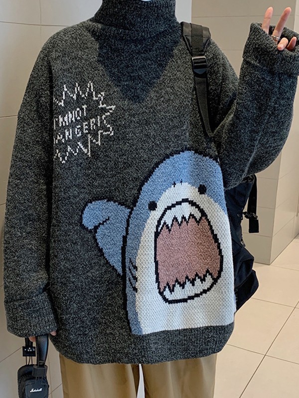 Men’s Cartoon Shark Turtleneck Pullover Sweater