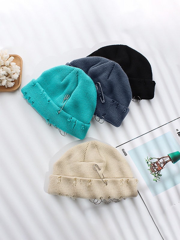 Safety Pin Distressed Knitted Beanie Hat