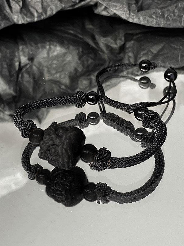 Black Lion Pendant Braided Rope Bracelet