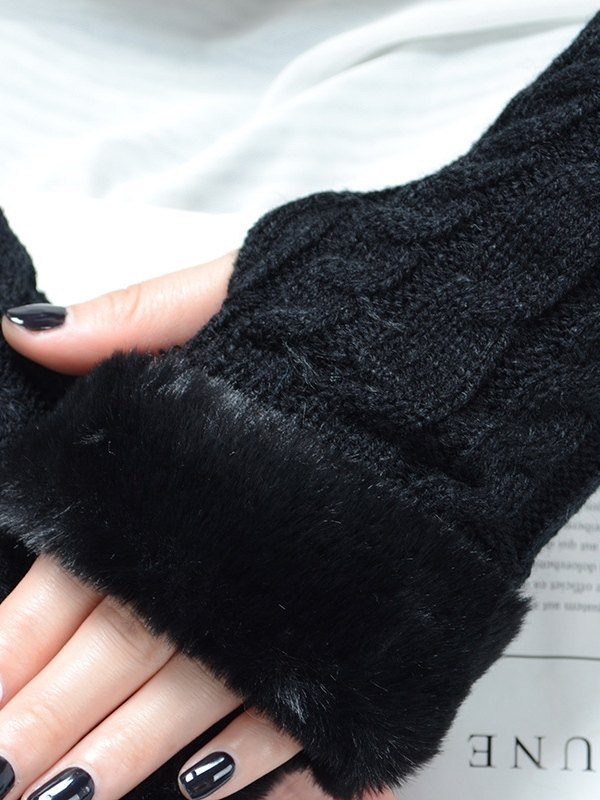 Faux Fur Trim Cable Knit Fingerless Gloves