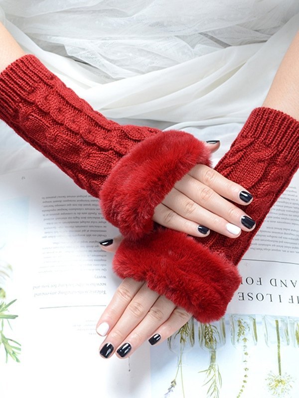 Faux Fur Trim Cable Knit Fingerless Gloves