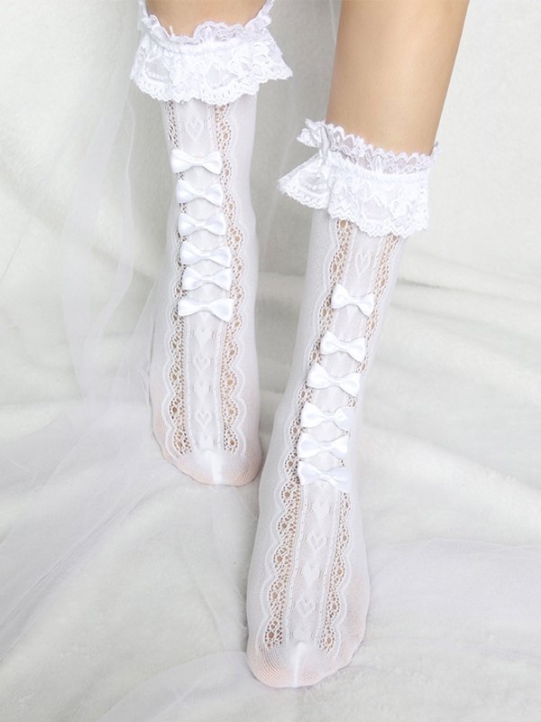 Bow Embellish Lace Socks
