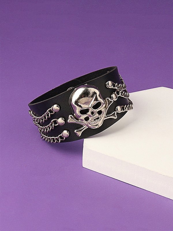 Chain Embellish Skull Chunky Pu Leather Bracelet