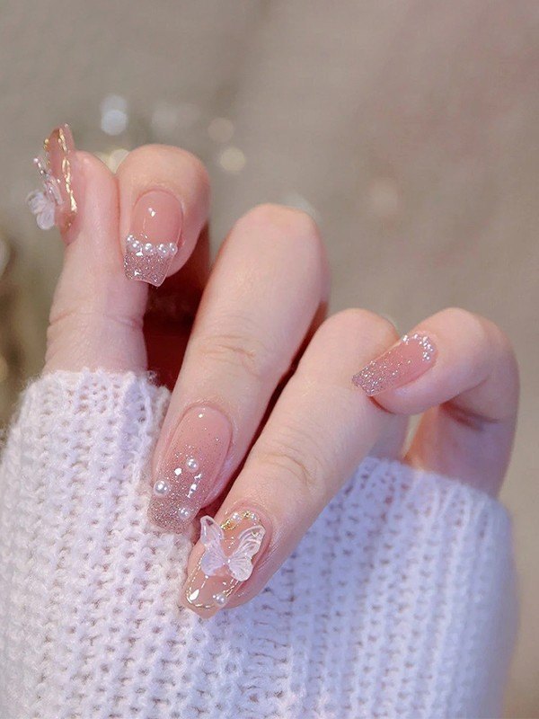 24pcs Shiny Pink Butterfly Press On Nails