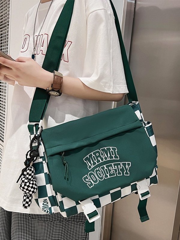 Buckle Strap Checkered Nylon Crossbody Bag