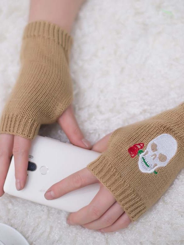 Skull Embroidery Thumbhole Fingerless Gloves
