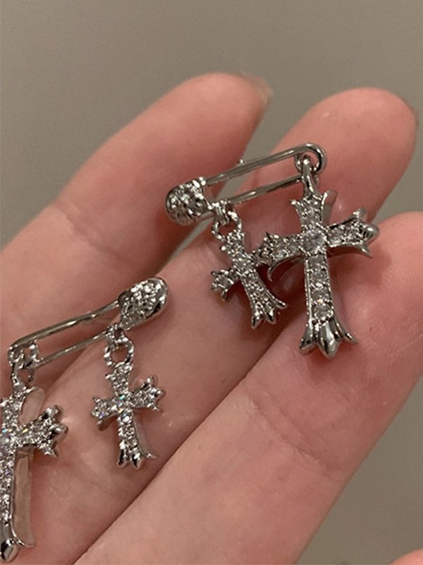 Safety Pin Rhinestone Cross Charm Earrings