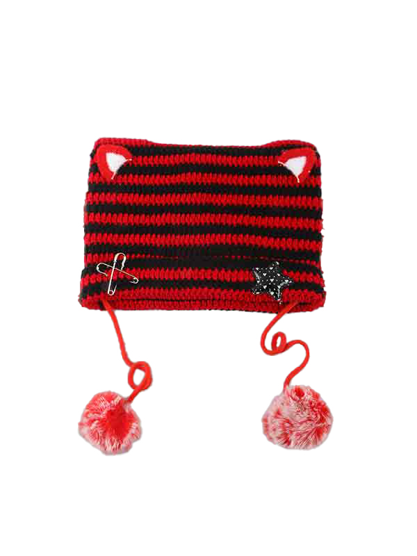 Cat Design Stripe Beanie Hat
