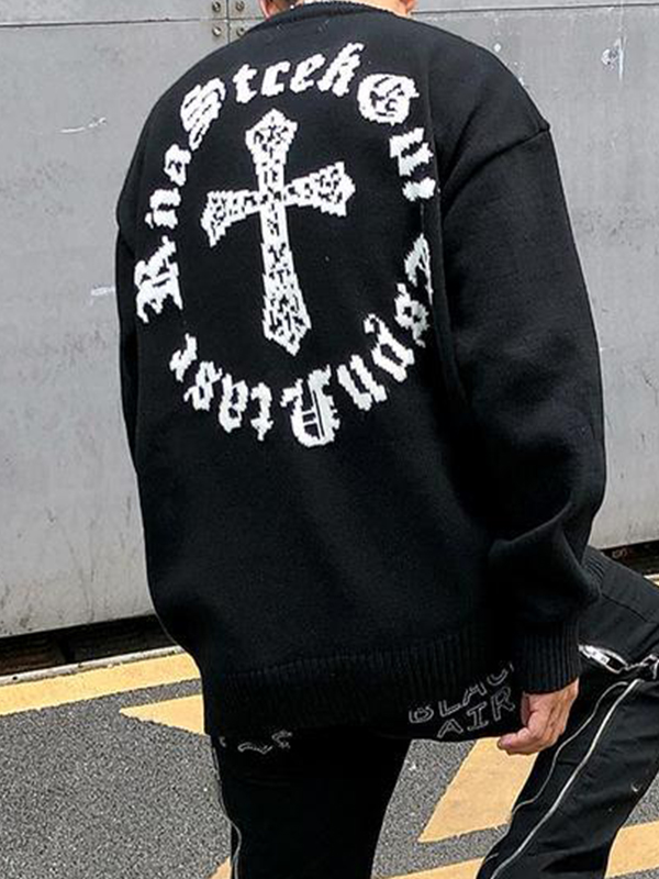 Men’s Vintage Cross Letter Print Oversized Sweater