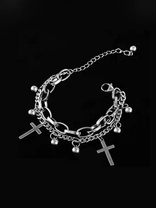 Double Layered Chain bead Cross Pendant Bracelet
