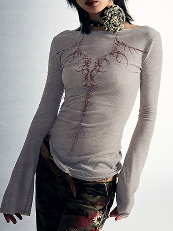 Reversible Print Square Neck Slim Long Sleeve Knit