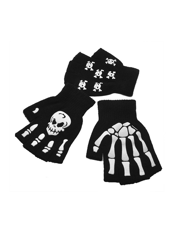 Halloween Luminous Skull Print Half Finger Gloves