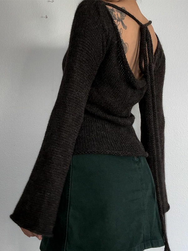 Solid Color Backless Lace Up Long Sleeve Knit