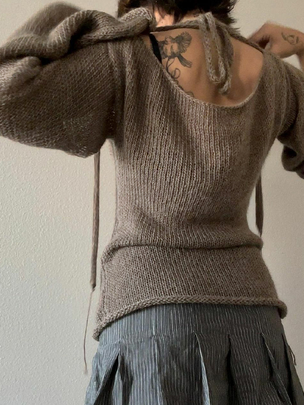 Contrast Color Cross Jacquard Rolled Design Long Sleeve Knit