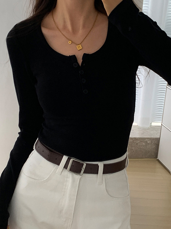 Solid Color Rib High Elastic Breasted Long Sleeve Knit