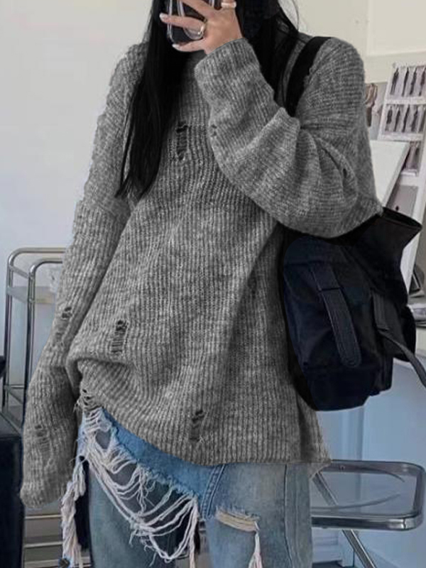 Cutout Tattered Baggy Thin Long Sleeve Knit