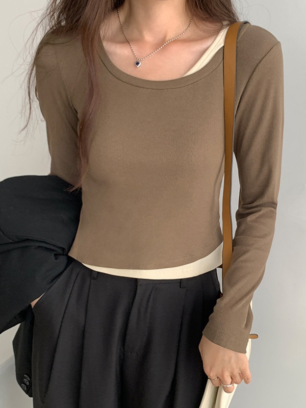 Contrast Color Fake Two Piece Long Sleeve Knit