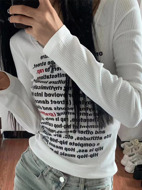 Letter Print U Neck Long Sleeve Knit