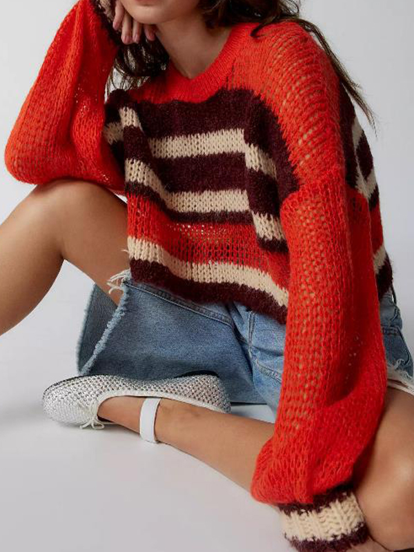 Contrast Color Striped Loose Cropped Sweater