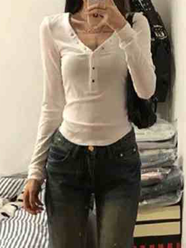 Solid V Neck Snap Button Slim Long Sleeve Knit