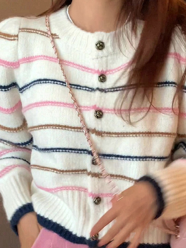Contrast Color Striped Short Knit Cardigan