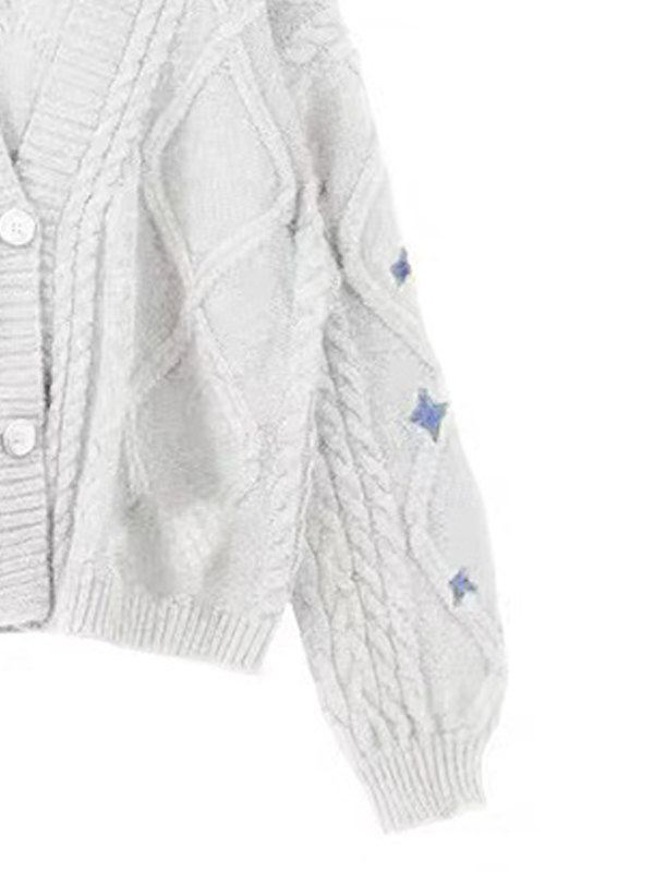 Star Embroidered Print Cable Knit V Neck Cardigan
