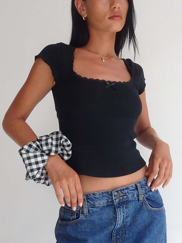 Lace Trim Square Neck Short Sleeve Knit