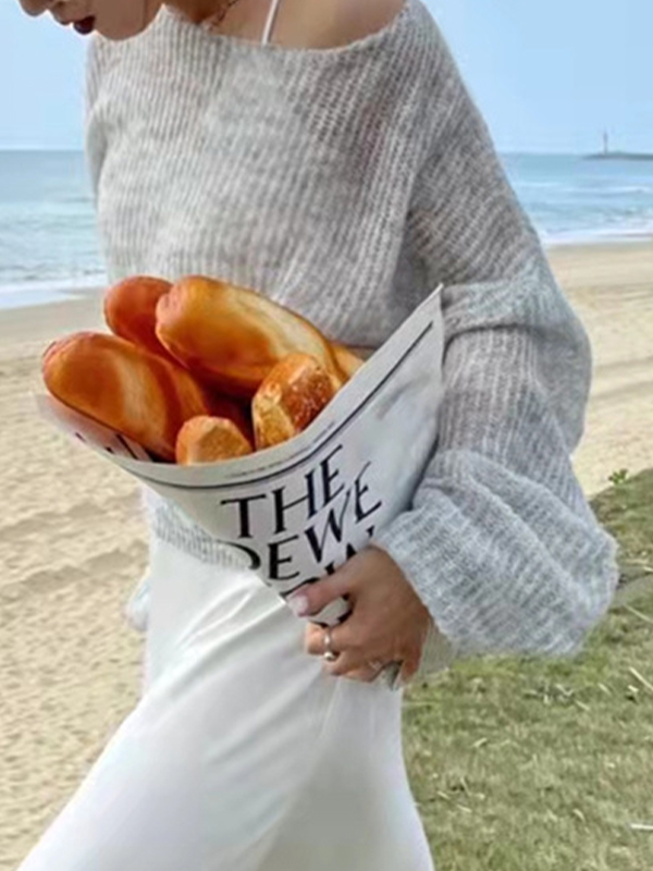 See Through Solid Loose Short Long Sleeve Knit